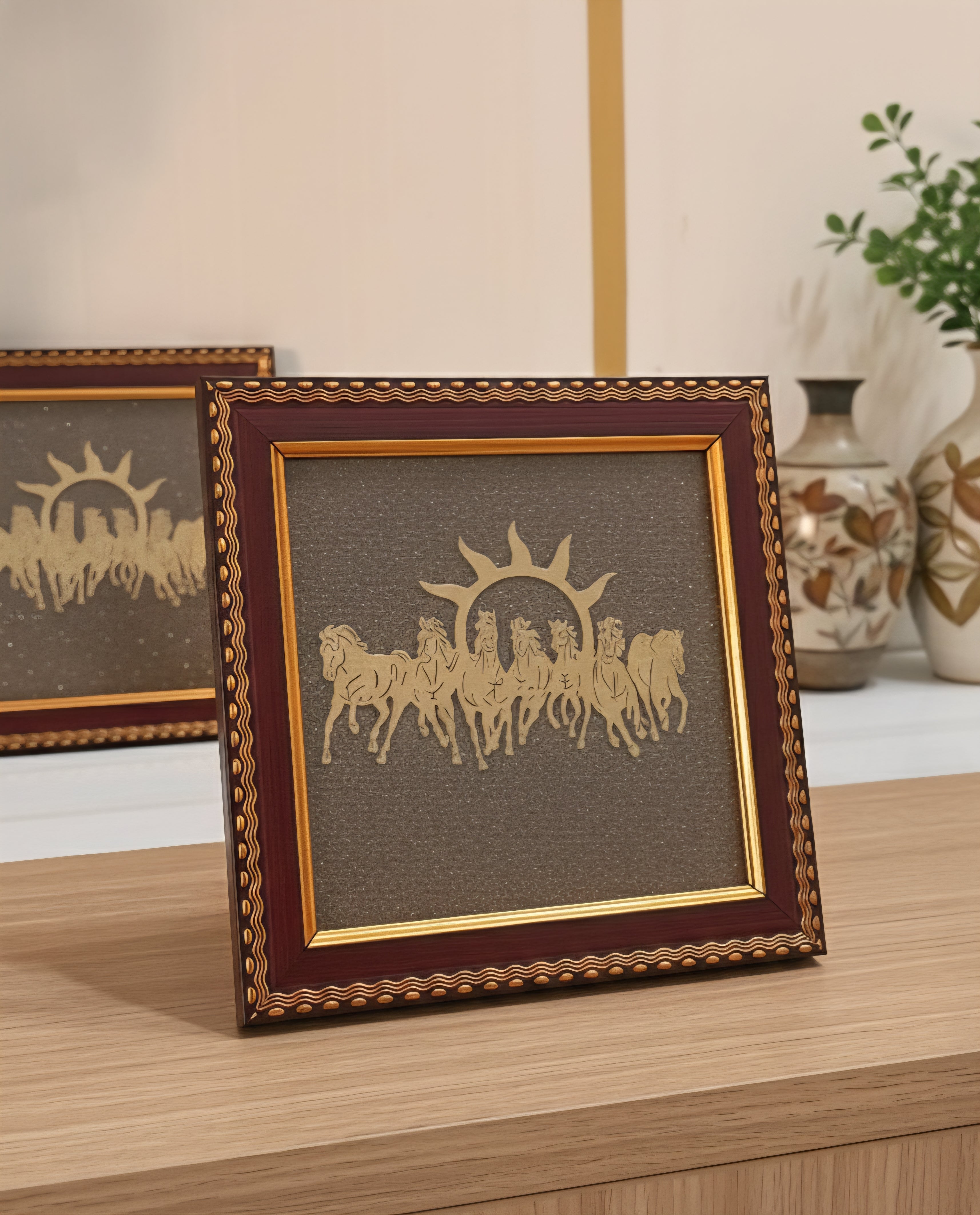Crystal Heaven Pyrite Stone Frame with Vastu Seven Running Horses with Sun to Attract Money, Protection and Chakra Healing - Big Size 7 Horses Painting Vastu Wooden Photo Frame Wall Decor Items for Living Room with Original Pyrite Dust for Money Success