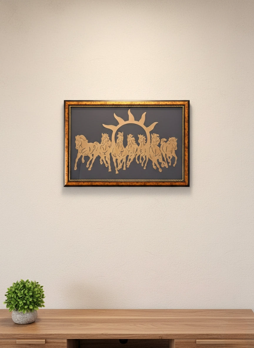 7 horses Vastu Frame with raw Pyrite for wealth and prosperity large size