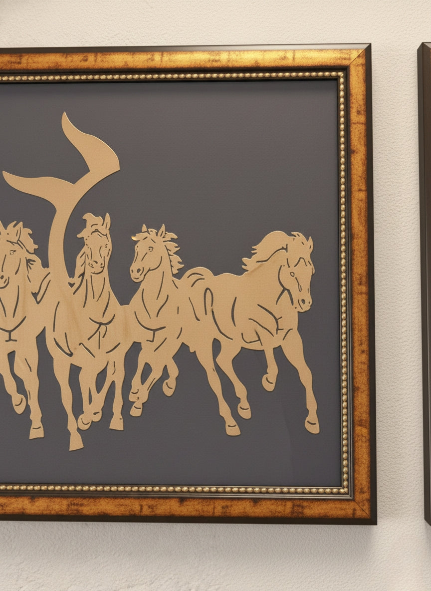 7 horses Vastu Frame with raw Pyrite for wealth and prosperity large size