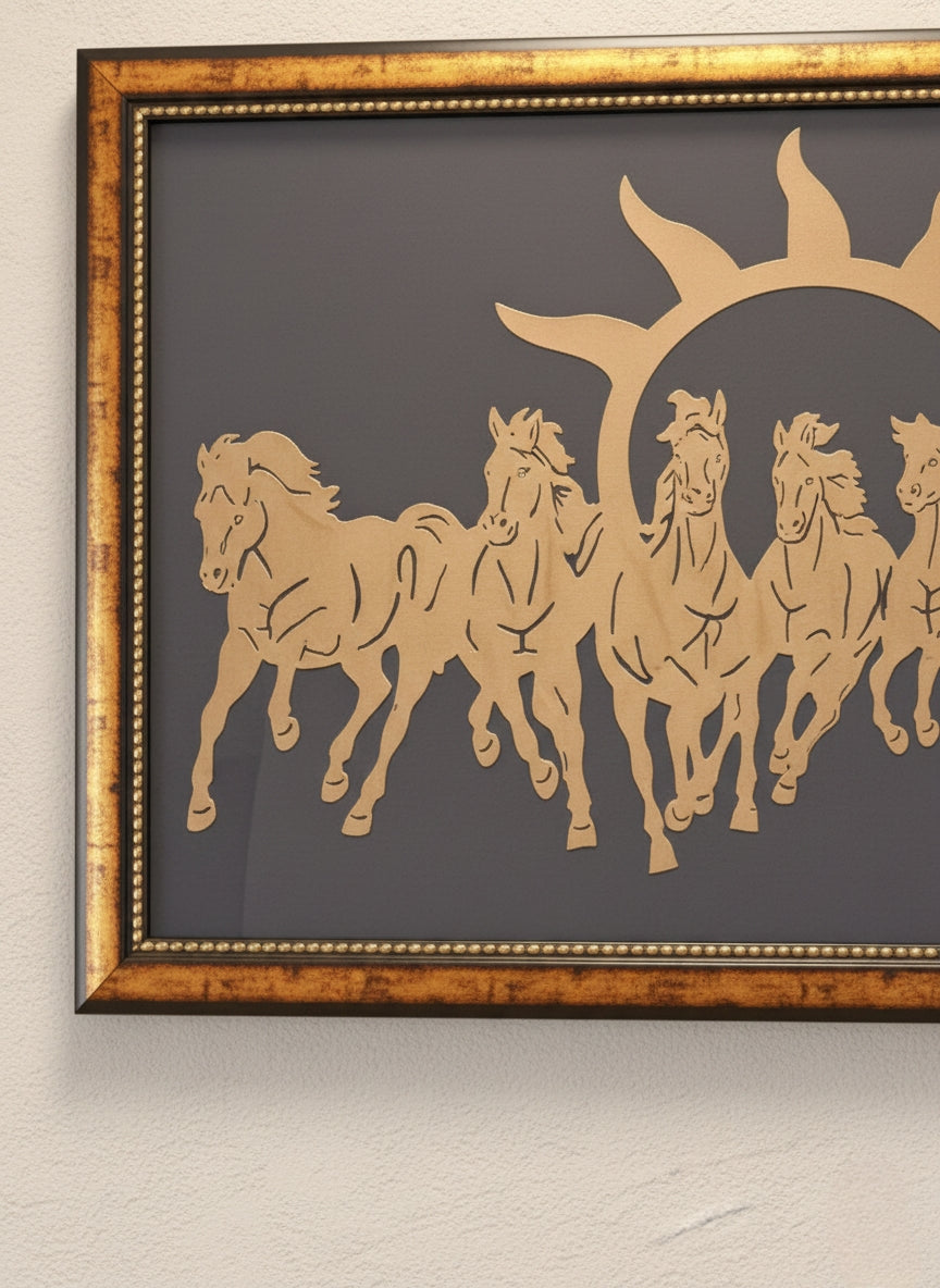 7 horses Vastu Frame with raw Pyrite for wealth and prosperity large size