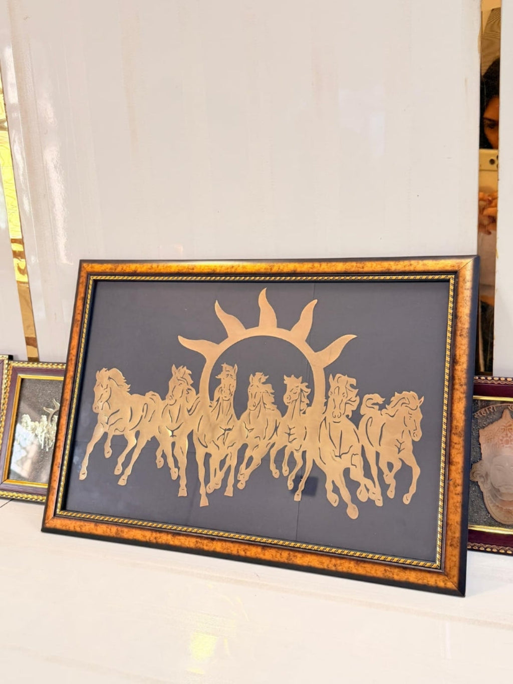 7 horses Vastu Frame with raw Pyrite for wealth and prosperity large size
