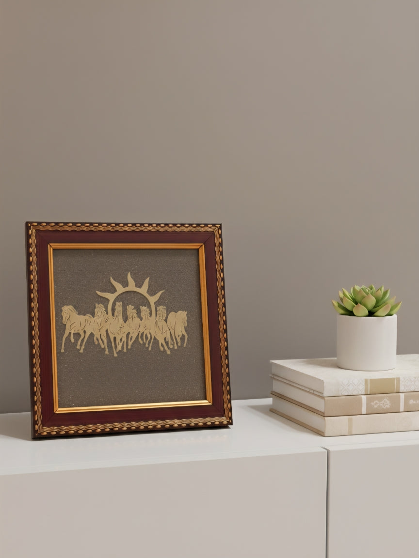 Crystal Heaven Pyrite Stone Frame with Vastu Seven Running Horses with Sun to Attract Money, Protection and Chakra Healing.