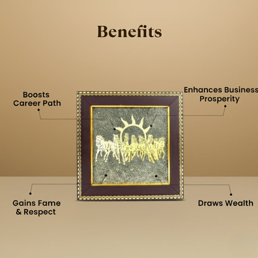 Crystal Heaven Pyrite Stone Frame with Vastu Seven Running Horses with Sun to Attract Money, Protection and Chakra Healing.